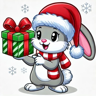 Cute rabbit in santa hat holding gift for christmas