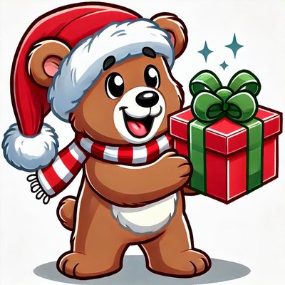 Cute bear with a christmas hat holding a gift