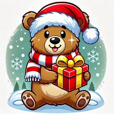 Cute bear in a santa hat with a gift for winter