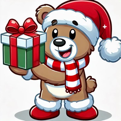 Cute bear character with gift in christmas attire