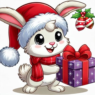 Cute bunny in santa hat with christmas gift and decorations
