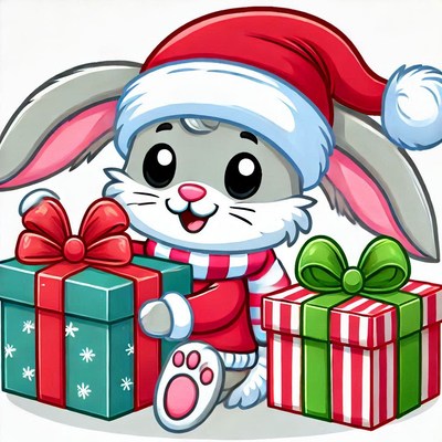 Cute bunny in christmas hat with presents