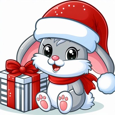 Cute rabbit in a christmas hat with a gift box