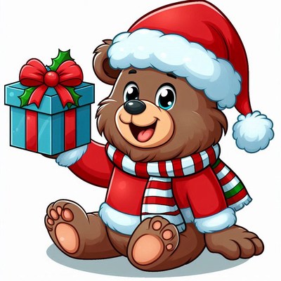 Cute bear in christmas attire holding a gift