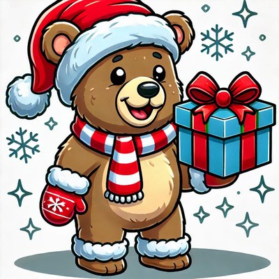 Cute bear in a santa hat holding a gift during winter