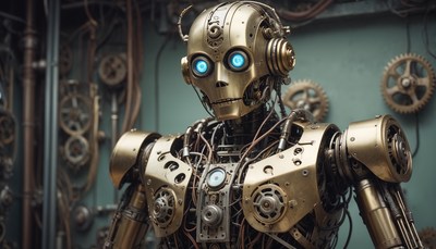 Steampunk robot with blue eyes stands in workshop