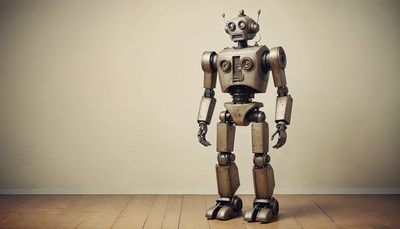 Vintage robot stands on wooden floor in empty room