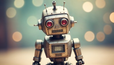 Robot toy with red eyes and metallic design in soft light