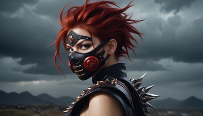 Fierce warrior stands against a dramatic stormy backdrop