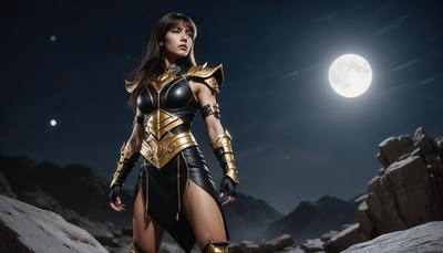 Warrior stands fiercely under a bright moonlit sky