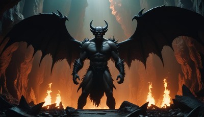 Dark fantasy creature stands in a fiery cave setting