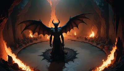 Dark figure with wings stands in a fiery cavern