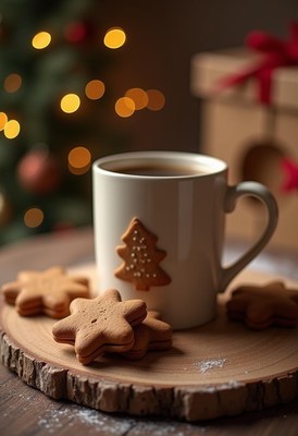 Warm holiday drink with cookies on a cozy table
