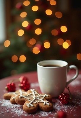 Warm holiday treats with coffee and festive decor