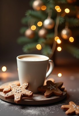 Warm beverage and cookies on a festive table