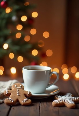 Enjoying gingerbread cookies with warm beverage at christmas
