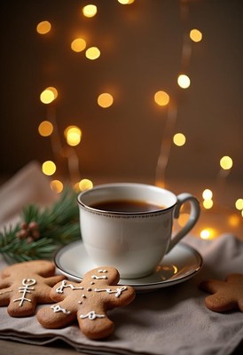 Warm coffee and gingerbread cookies on a cozy table