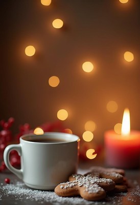 Warm beverage with cookies by soft candlelight