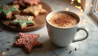Enjoying holiday cookies and spiced coffee by the window