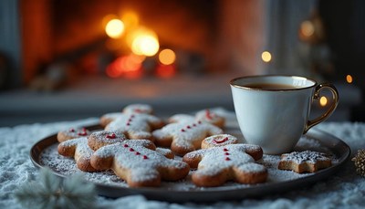 Gingerbread cookies and warm drink by the fireplace