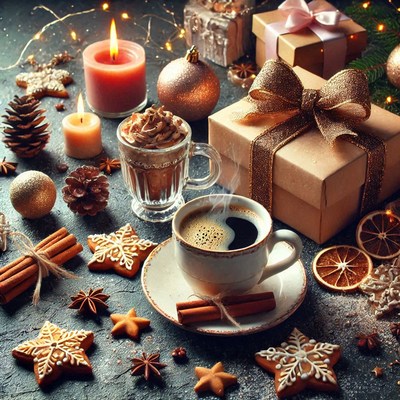 Festive coffee and treats on a cozy winter table