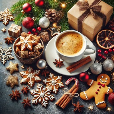 Festive treats and warm coffee on a holiday table