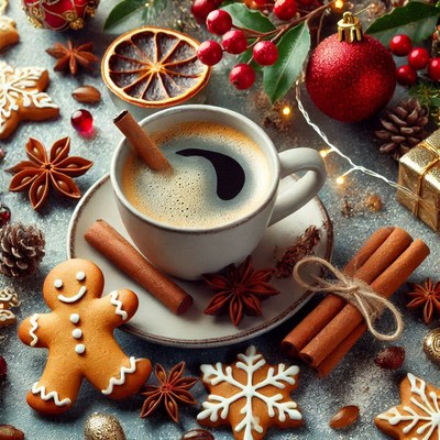 Cozy holiday coffee and festive treats on a winter table