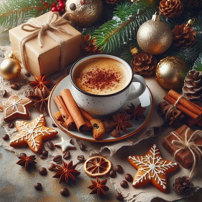 Holiday table setting with coffee and festive treats