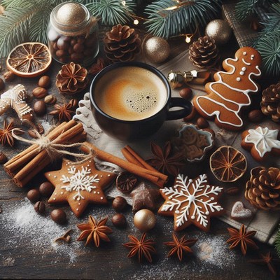 Warm holiday treats with coffee and festive decorations