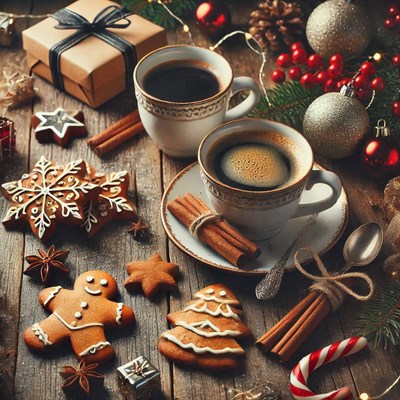 Cozy holiday table with coffee and gingerbread treats