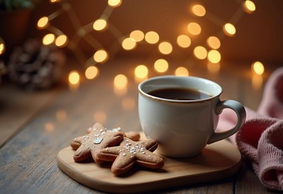 Warm coffee and gingerbread cookies on a cozy table