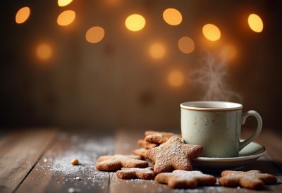 Warm cup of coffee with cookies during festive season