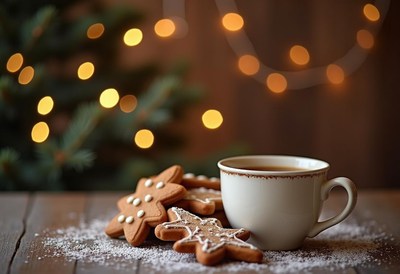 Warm cup of tea with christmas cookies on wooden table