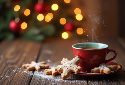 Cozy holiday drink with cookies on wooden table