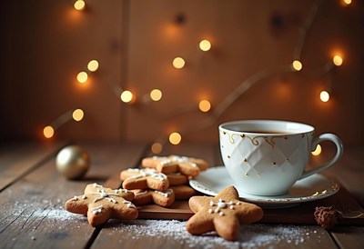 Cozy holiday setting with cookies and a warm drink