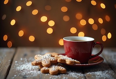 Warm beverage and gingerbread cookies by festive lights