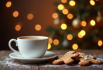 Warm coffee and gingerbread cookies by the tree