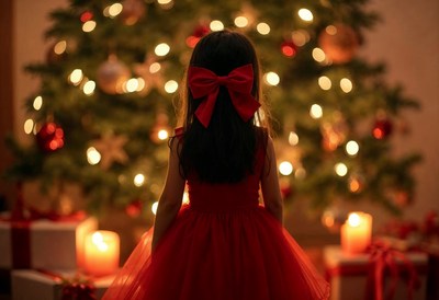 Girl in red dress admires christmas tree lights