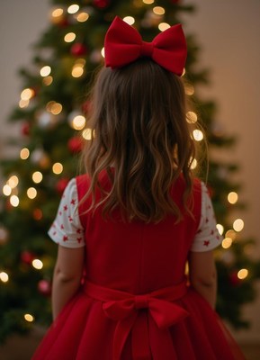 Girl in red dress admires christmas tree lights