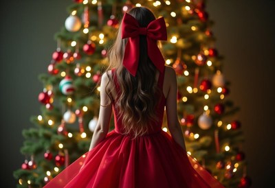 Young girl in red dress admiring christmas tree lights