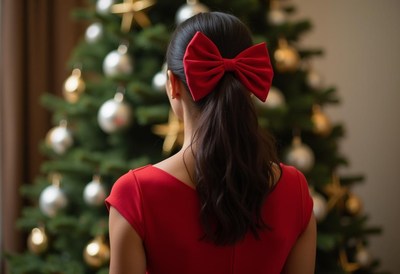 Woman in red dress admiring christmas tree decorations