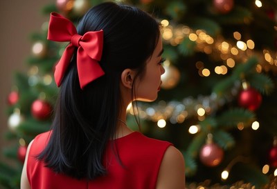 Young girl with red bow near decorated christmas tree