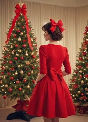 Woman in festive red dress by decorated christmas trees