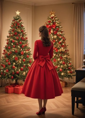 Holiday celebration with a woman in a red dress