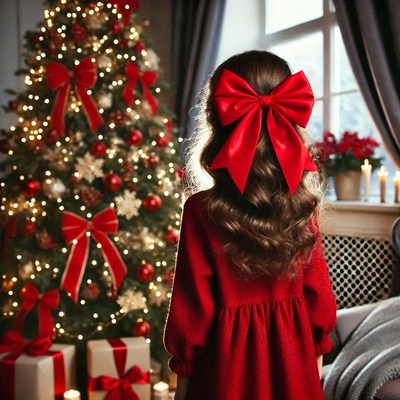 Child admiring christmas tree decorations at home