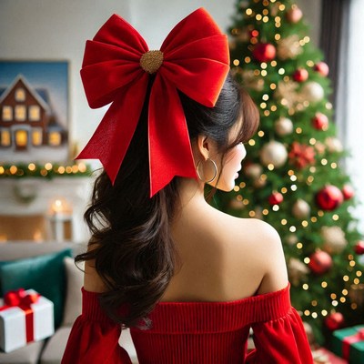 Woman with red bow hairstyle near christmas tree