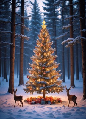 Beautifully decorated christmas tree in snowy forest