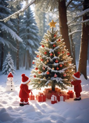 Children celebrate christmas by a festive tree in snow