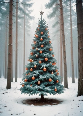 Christmas tree decorated with ornaments in a snowy forest