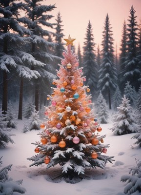 Beautifully decorated christmas tree in a snowy forest